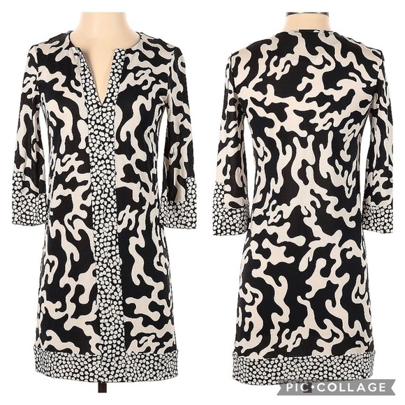 Diane von Furstenberg DVF Silk V Neck 3/4 Sleeve Shift Dress Black White Size 0 - Picture 8 of 8